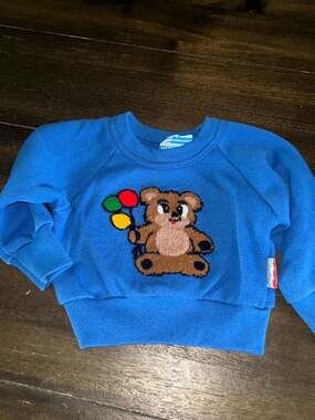 Vintage 1980s Fisher-Price Teddy Bear with Balloons Blue Baby Sweatshirt 12 Mont